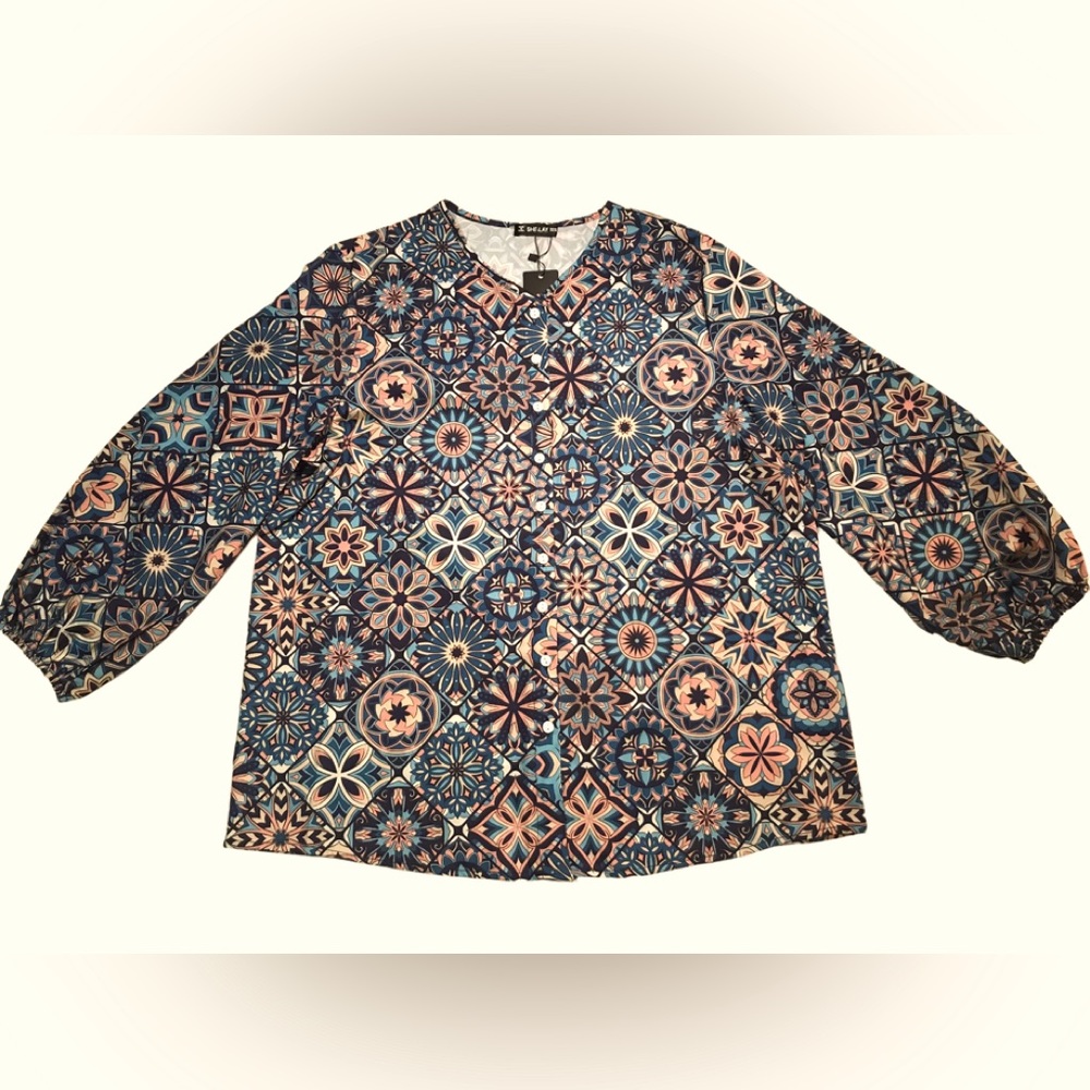 Sheilay Vintage Long Sleeve Ethnic Print Bohemian Tunic Blue Blouse XXL